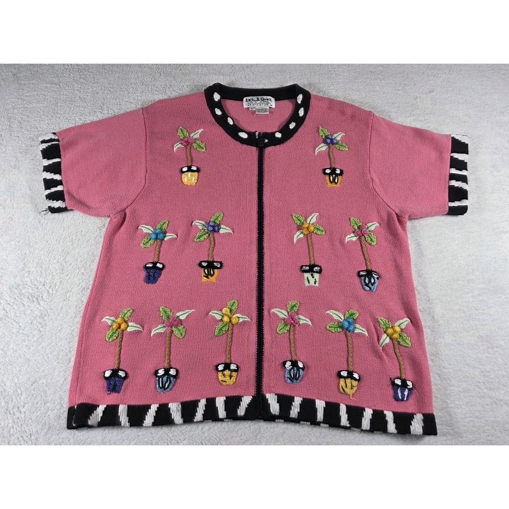 Vintage 90s Pink Palm Tree Novelty Cardigan L 3D Embroidered Beaded Zebra